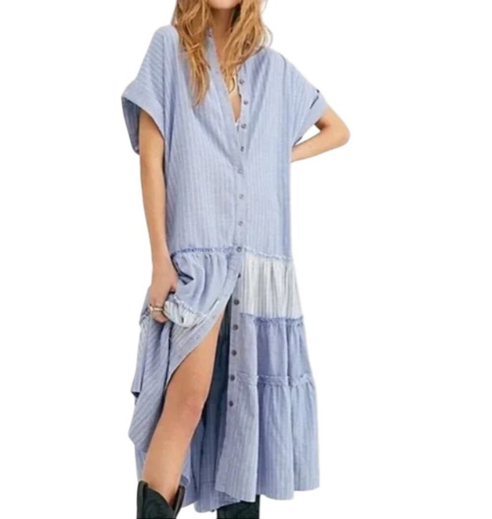 Free People Blue Striped Full Moon Button Front Maxi Shirt Dress